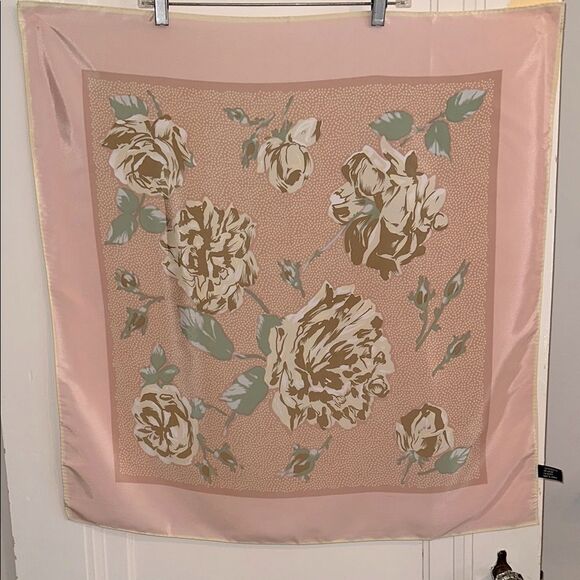 Vtg  70s/80s Basha Very Large Pink, Tan, Cream & Green Floral Polyester Scarf - Picture 1 of 9